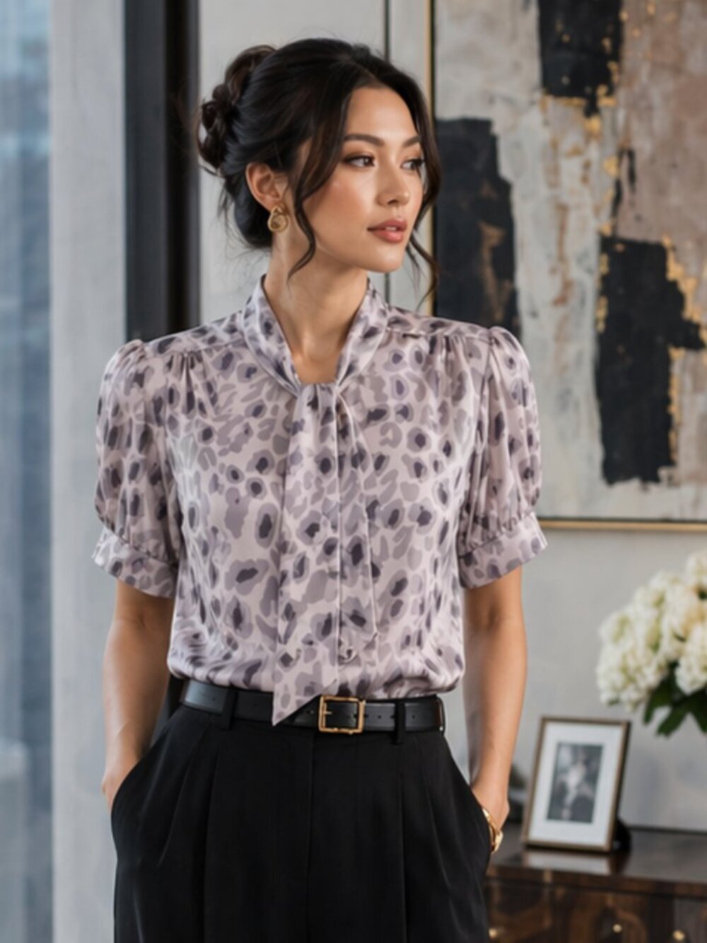 INC Silk Leopard Print Blouse Sz 14 L Gray Silver Button Up Chic Animal Print
